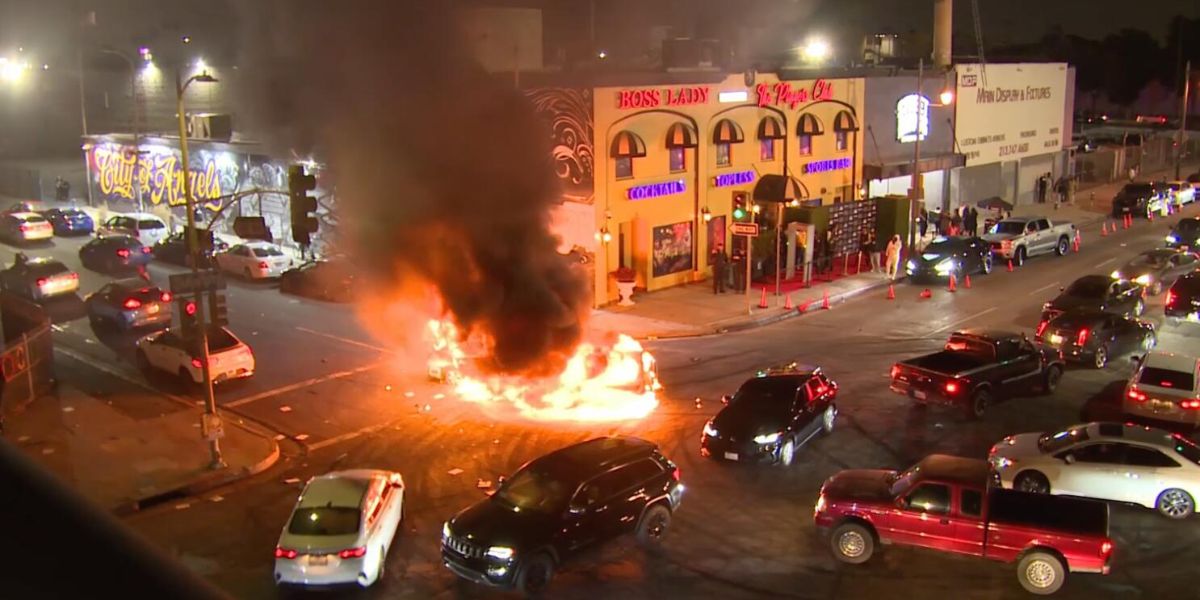 Downtown LA Erupts Massive Street Takeover Engulfs 50+ Cars in Flames